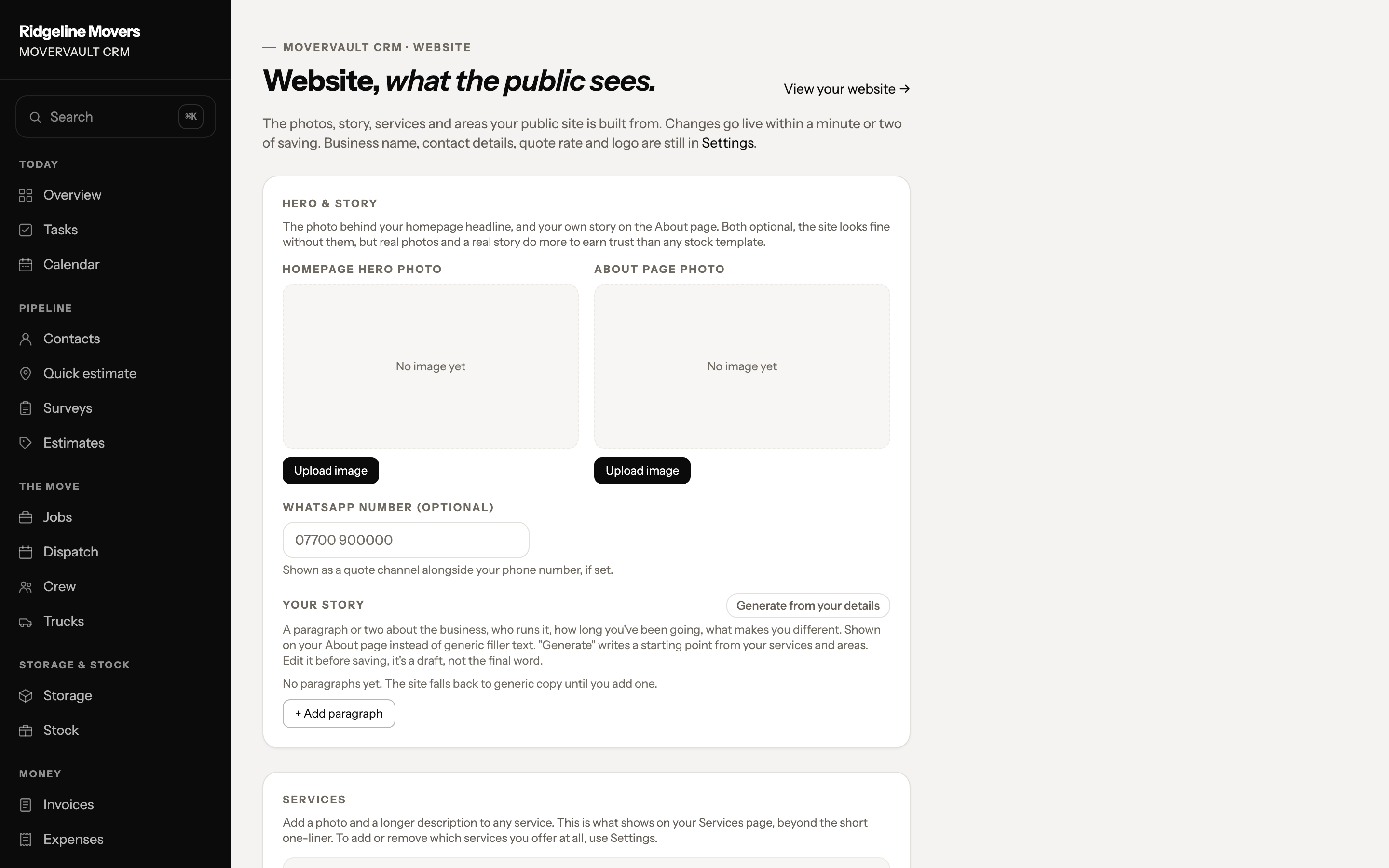 Website, photos, story, services
